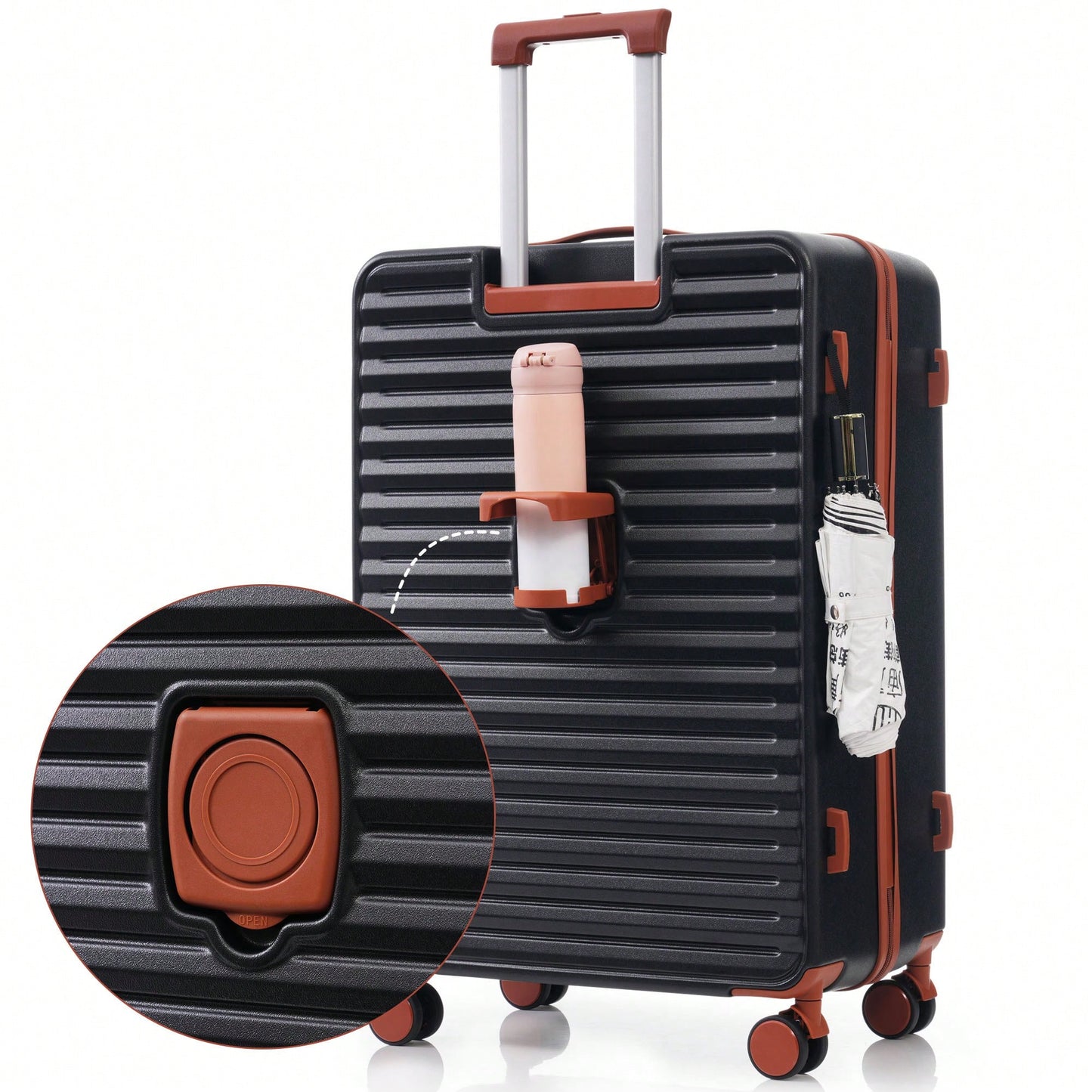 4 Piece Hard Shell Luggage Set With Front Pocket TSA Lock USB Port Universal Wheels Black Carry-On Bags 20 24 28 Inch