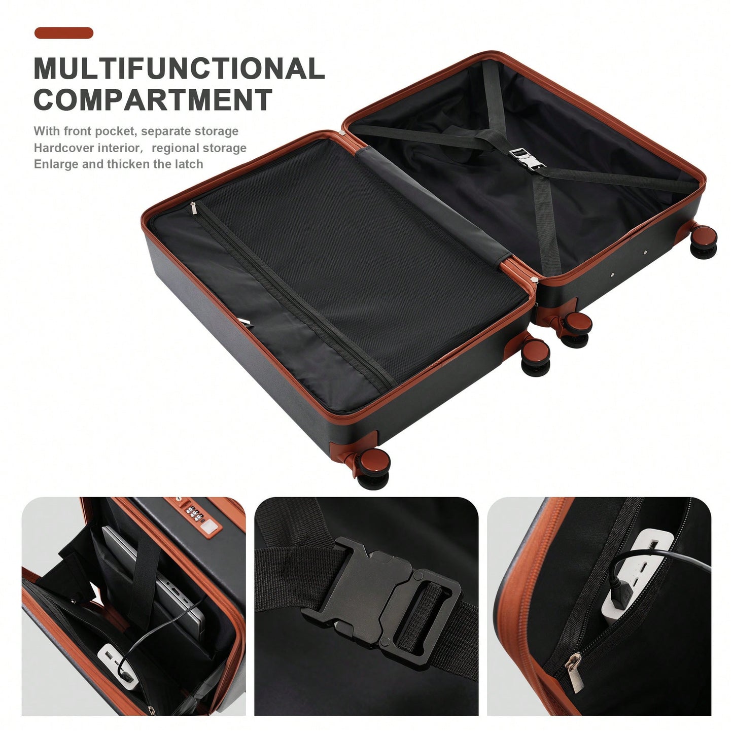 4 Piece Hard Shell Luggage Set With Front Pocket TSA Lock USB Port Universal Wheels Black Carry-On Bags 20 24 28 Inch