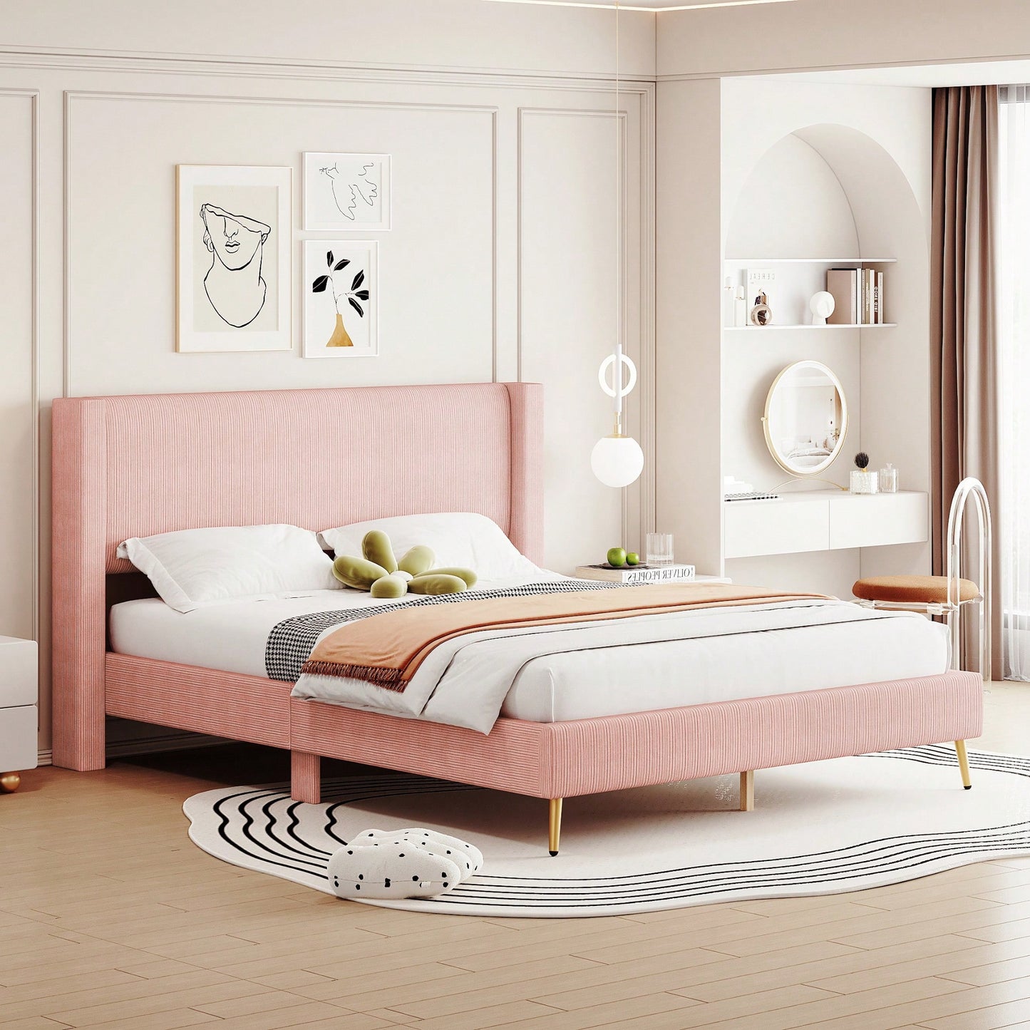 Queen Size Corduroy Platform Bed With Sturdy Metal Legs Beige