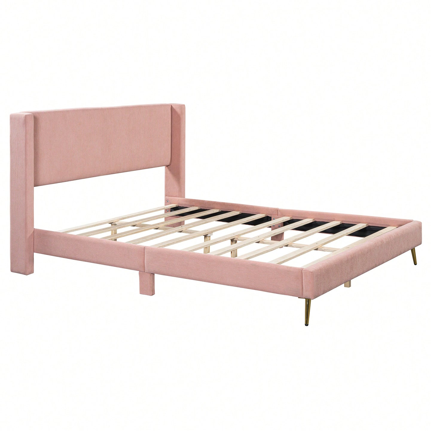 Queen Size Corduroy Platform Bed With Sturdy Metal Legs Beige