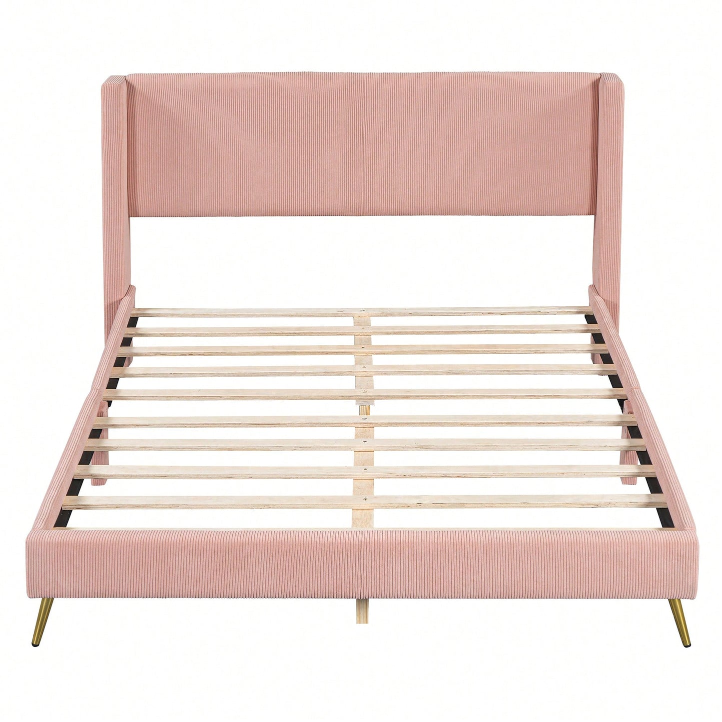 Queen Size Corduroy Platform Bed With Sturdy Metal Legs Beige