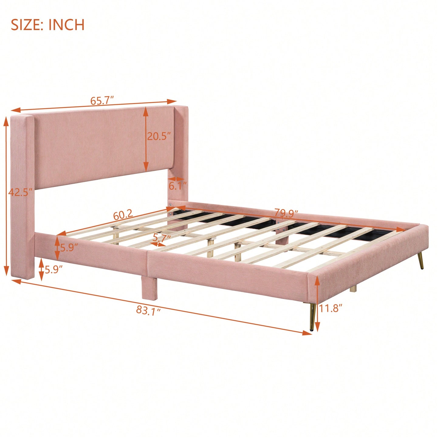 Queen Size Corduroy Platform Bed With Sturdy Metal Legs Beige
