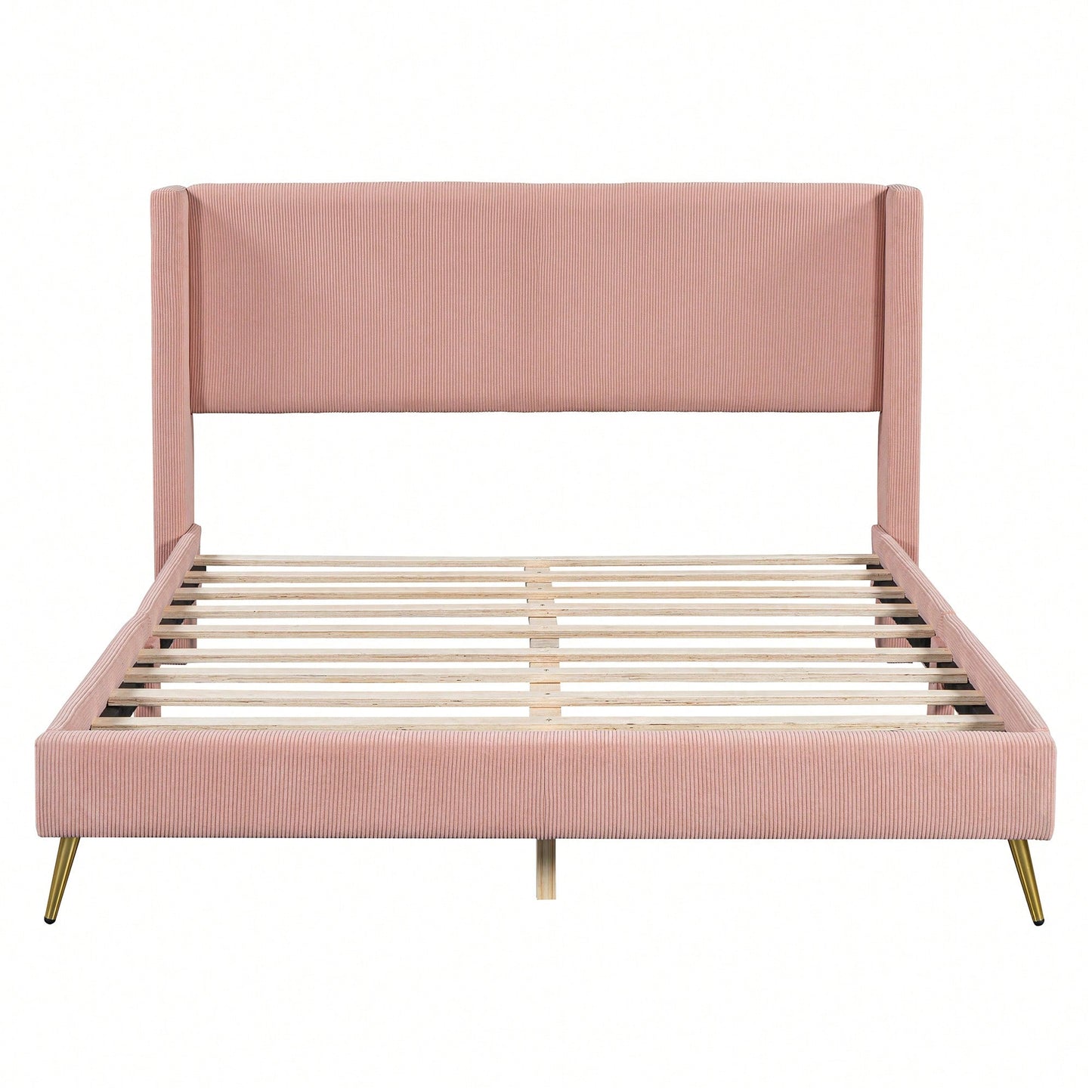 Queen Size Corduroy Platform Bed With Sturdy Metal Legs Beige