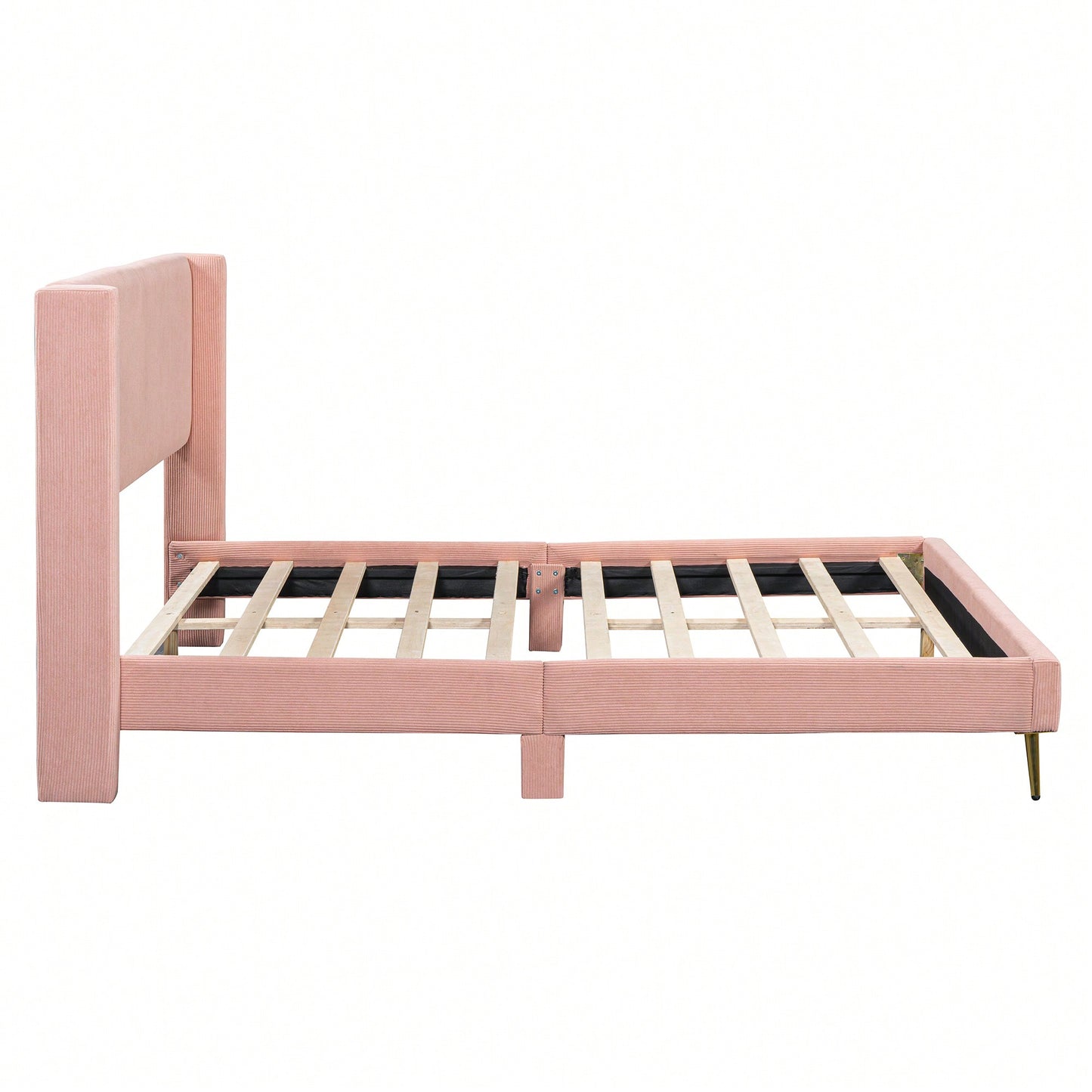 Queen Size Corduroy Platform Bed With Sturdy Metal Legs Beige
