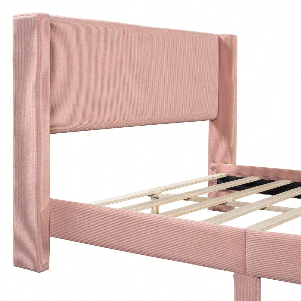 Queen Size Corduroy Platform Bed With Sturdy Metal Legs Beige