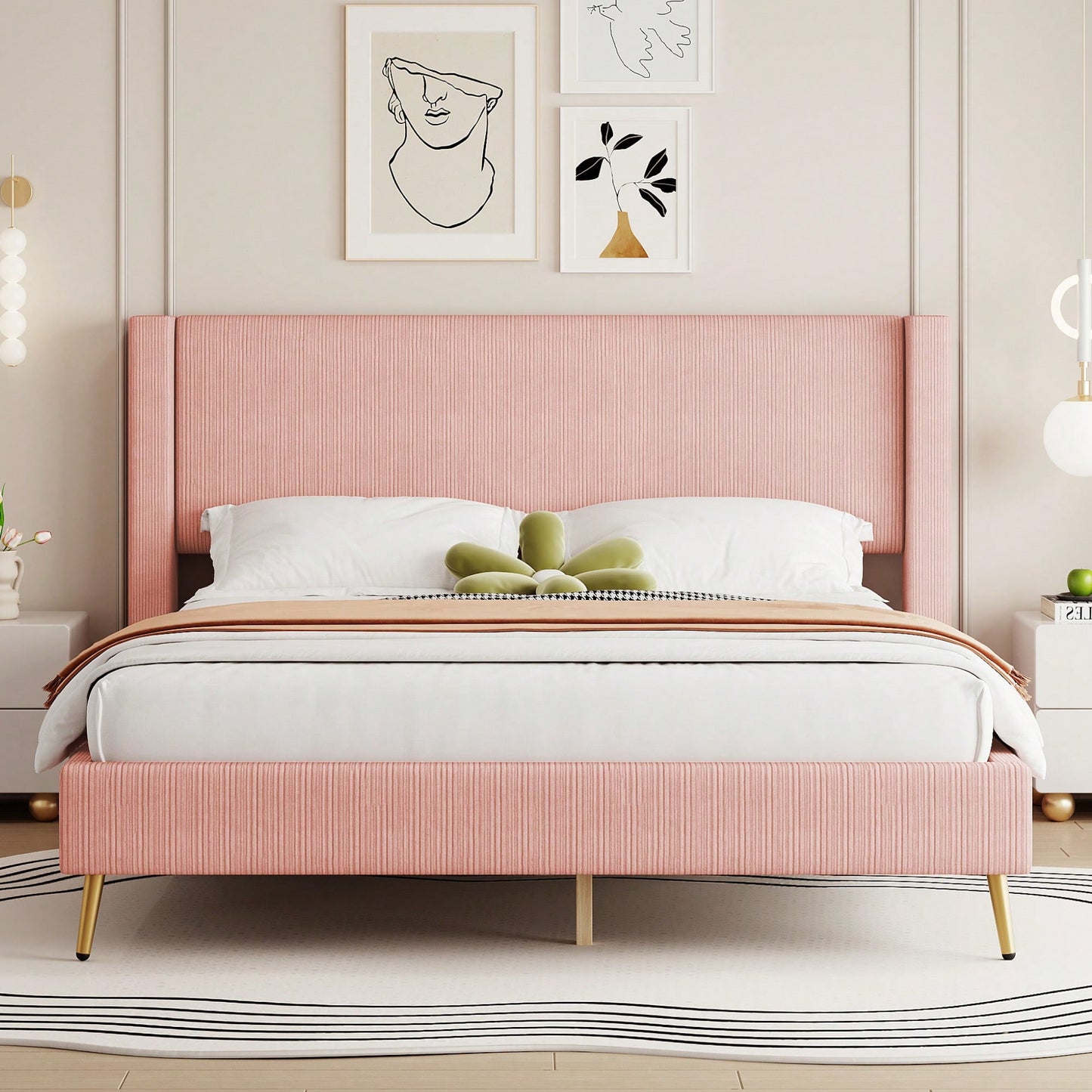 Queen Size Corduroy Platform Bed With Sturdy Metal Legs Beige
