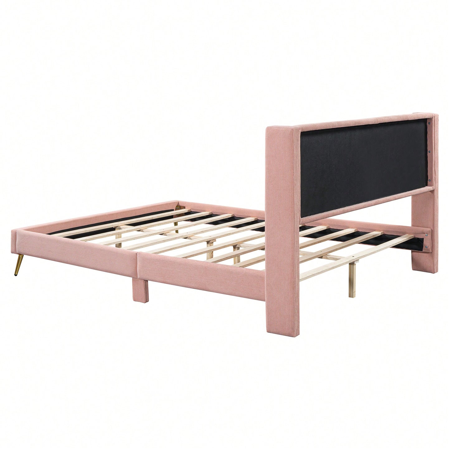 Queen Size Corduroy Platform Bed With Sturdy Metal Legs Beige