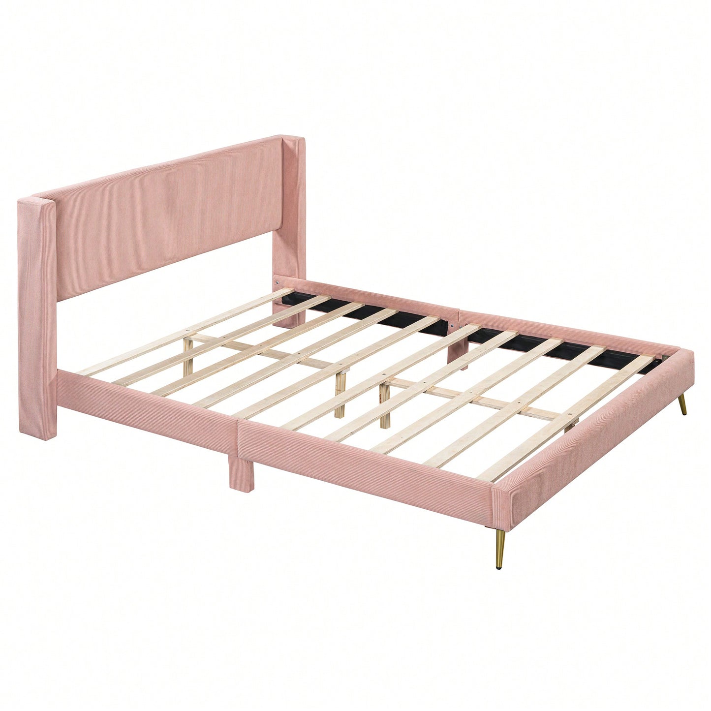 Queen Size Corduroy Platform Bed With Sturdy Metal Legs Beige