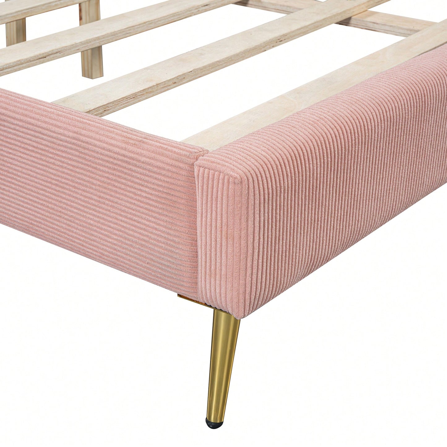 Queen Size Corduroy Platform Bed With Sturdy Metal Legs Beige