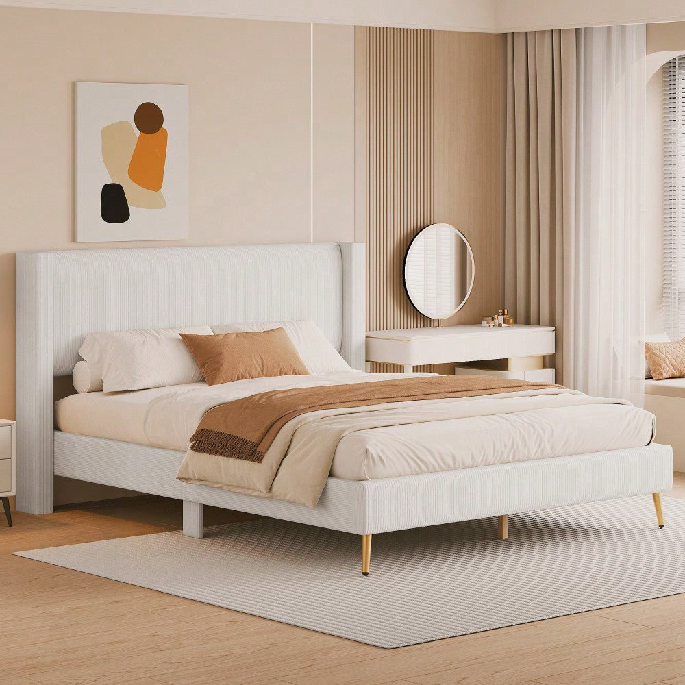 Queen Size Corduroy Platform Bed With Sturdy Metal Legs Beige