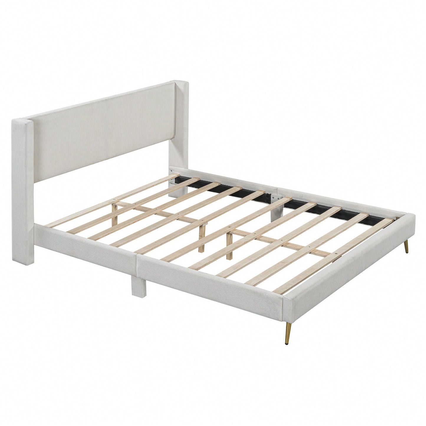 Queen Size Corduroy Platform Bed With Sturdy Metal Legs Beige