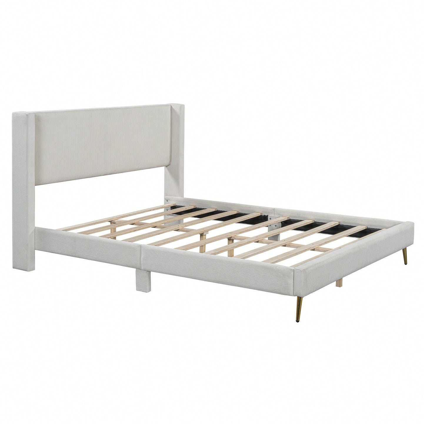 Queen Size Corduroy Platform Bed With Sturdy Metal Legs Beige