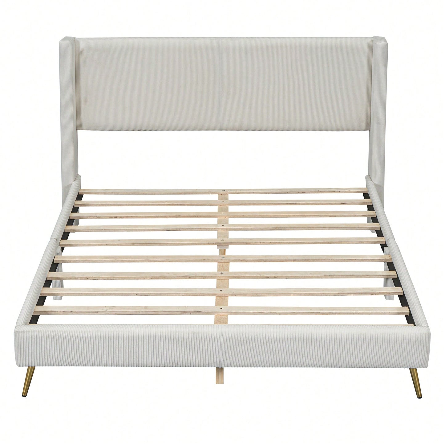 Queen Size Corduroy Platform Bed With Sturdy Metal Legs Beige