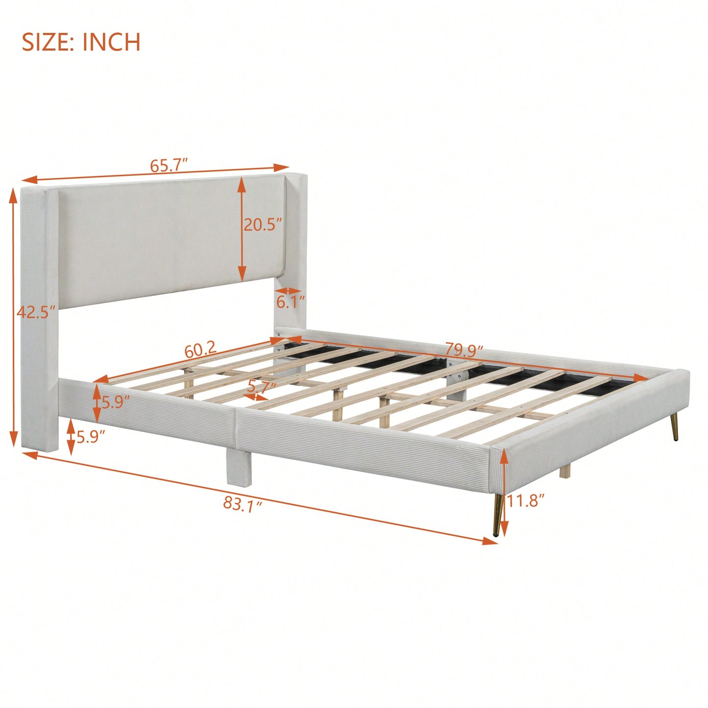 Queen Size Corduroy Platform Bed With Sturdy Metal Legs Beige