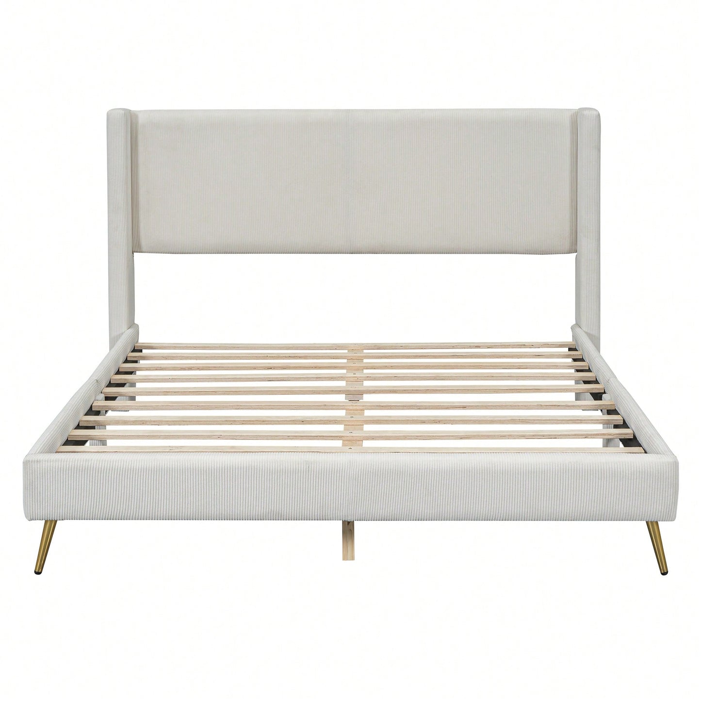 Queen Size Corduroy Platform Bed With Sturdy Metal Legs Beige