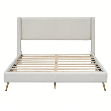 Queen Size Corduroy Platform Bed With Sturdy Metal Legs Beige