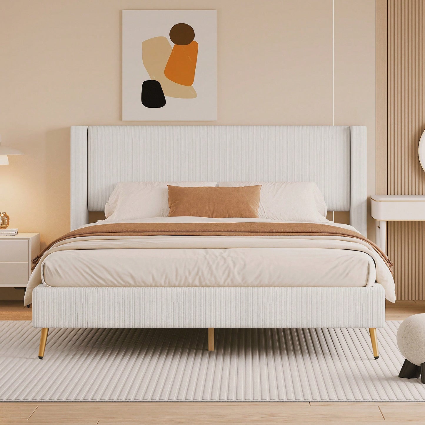 Queen Size Corduroy Platform Bed With Sturdy Metal Legs Beige