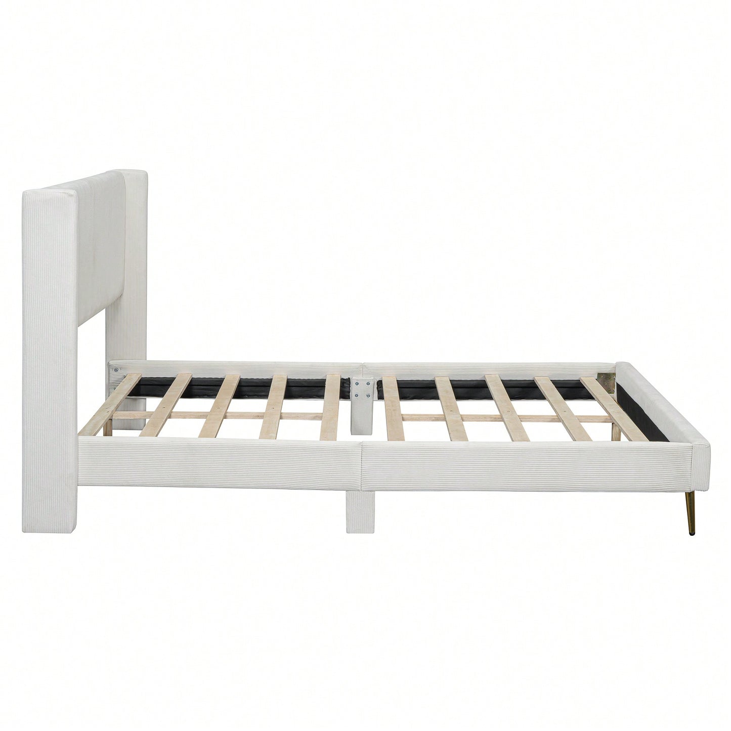 Queen Size Corduroy Platform Bed With Sturdy Metal Legs Beige