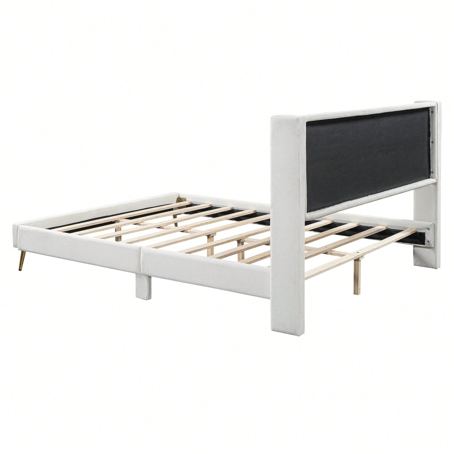 Queen Size Corduroy Platform Bed With Sturdy Metal Legs Beige