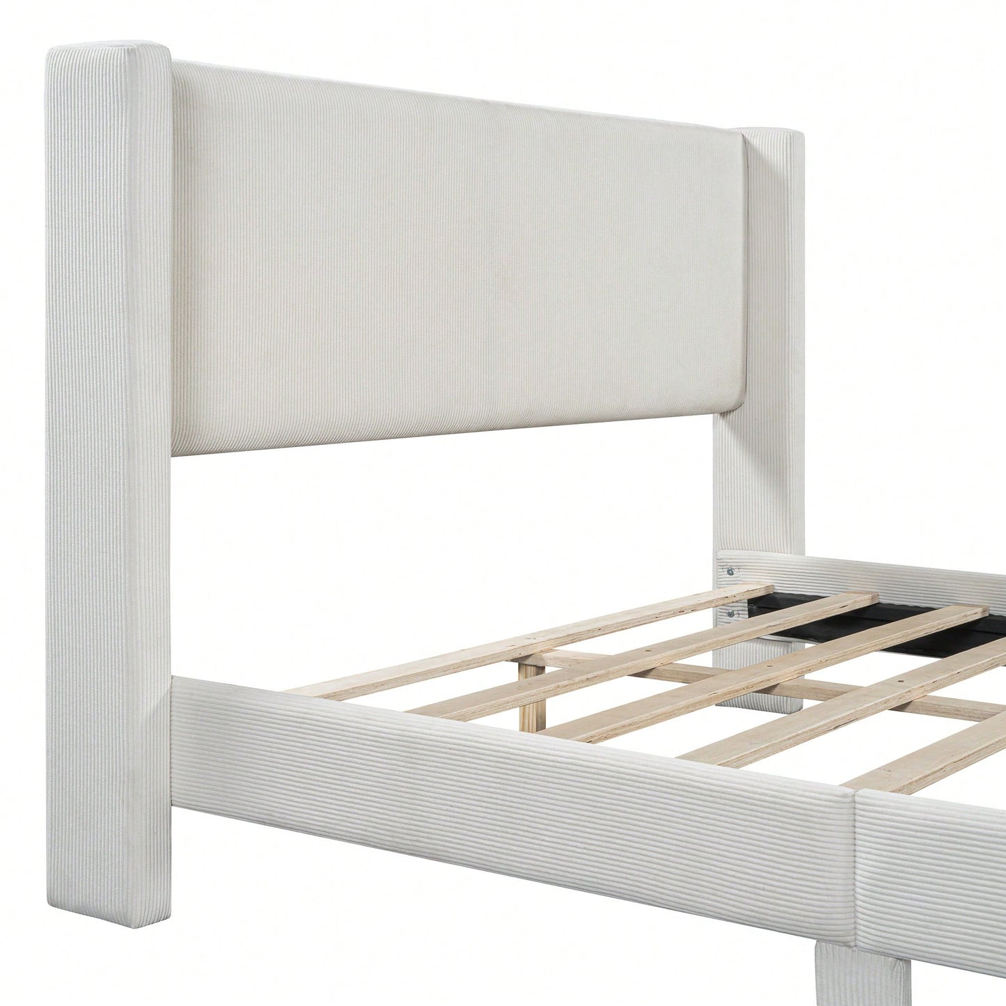 Queen Size Corduroy Platform Bed With Sturdy Metal Legs Beige