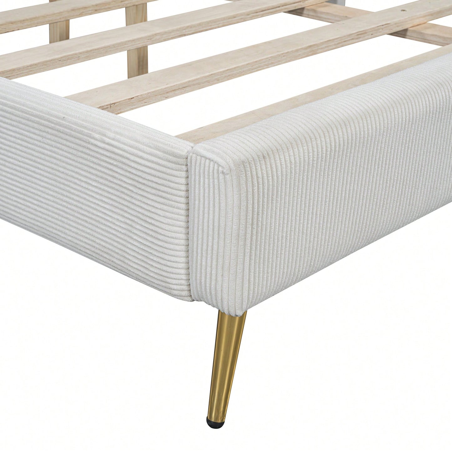Queen Size Corduroy Platform Bed With Sturdy Metal Legs Beige