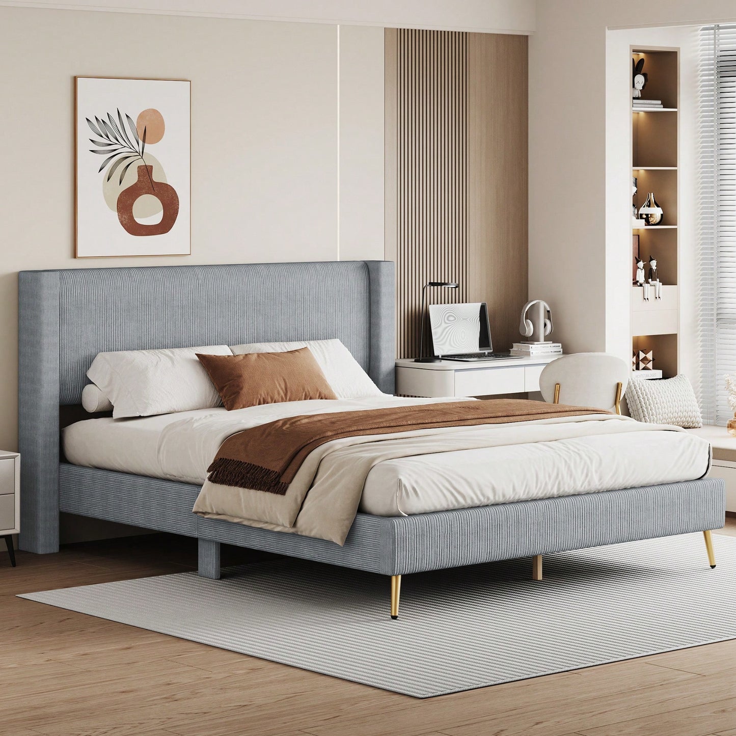 Queen Size Corduroy Platform Bed With Sturdy Metal Legs Beige