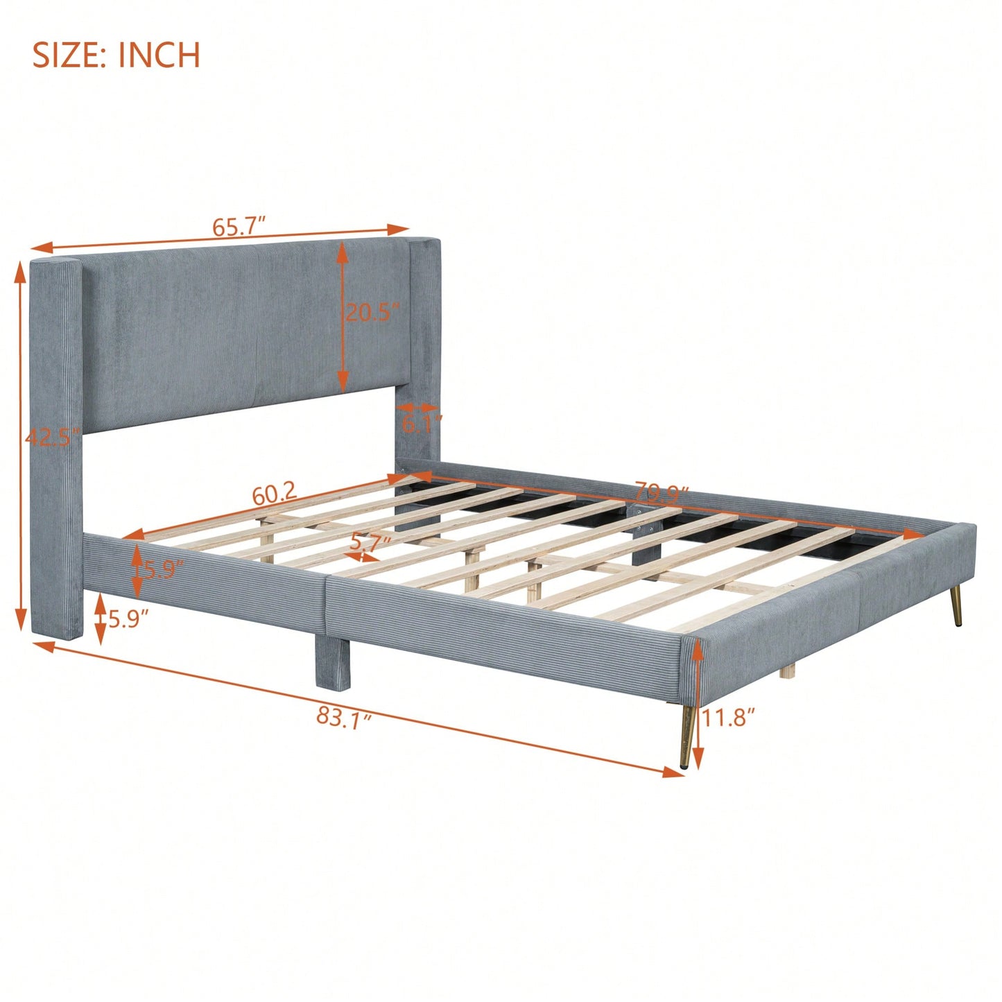 Queen Size Corduroy Platform Bed With Sturdy Metal Legs Beige