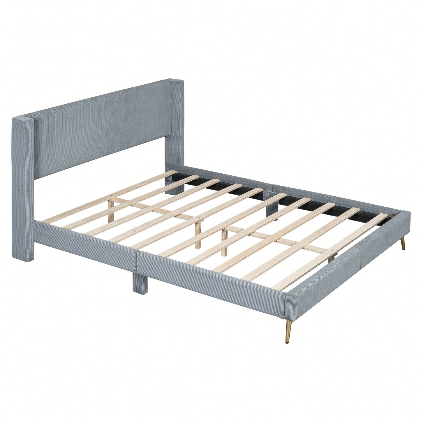 Queen Size Corduroy Platform Bed With Sturdy Metal Legs Beige