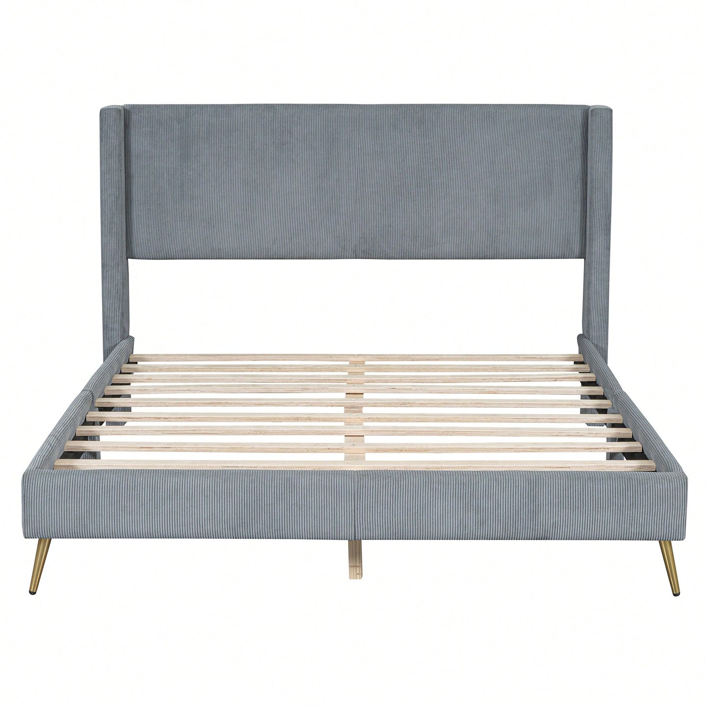 Queen Size Corduroy Platform Bed With Sturdy Metal Legs Beige