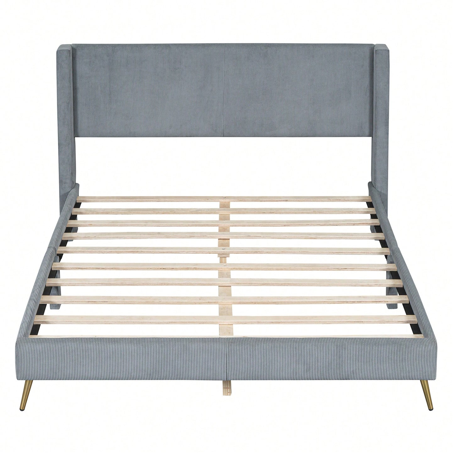 Queen Size Corduroy Platform Bed With Sturdy Metal Legs Beige