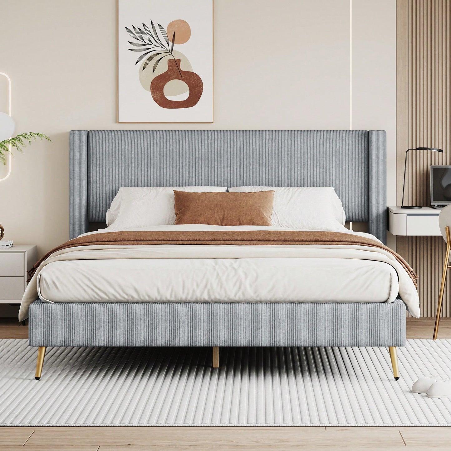 Queen Size Corduroy Platform Bed With Sturdy Metal Legs Beige