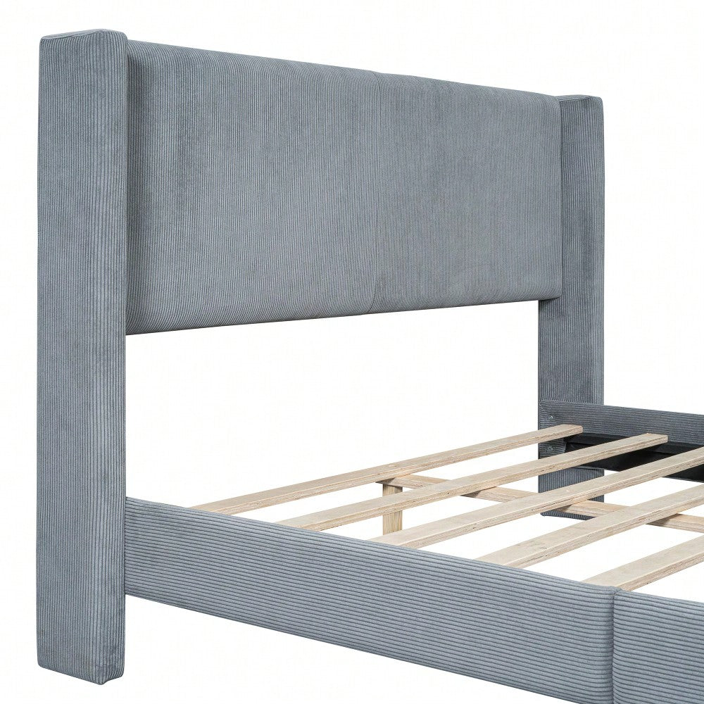 Queen Size Corduroy Platform Bed With Sturdy Metal Legs Beige