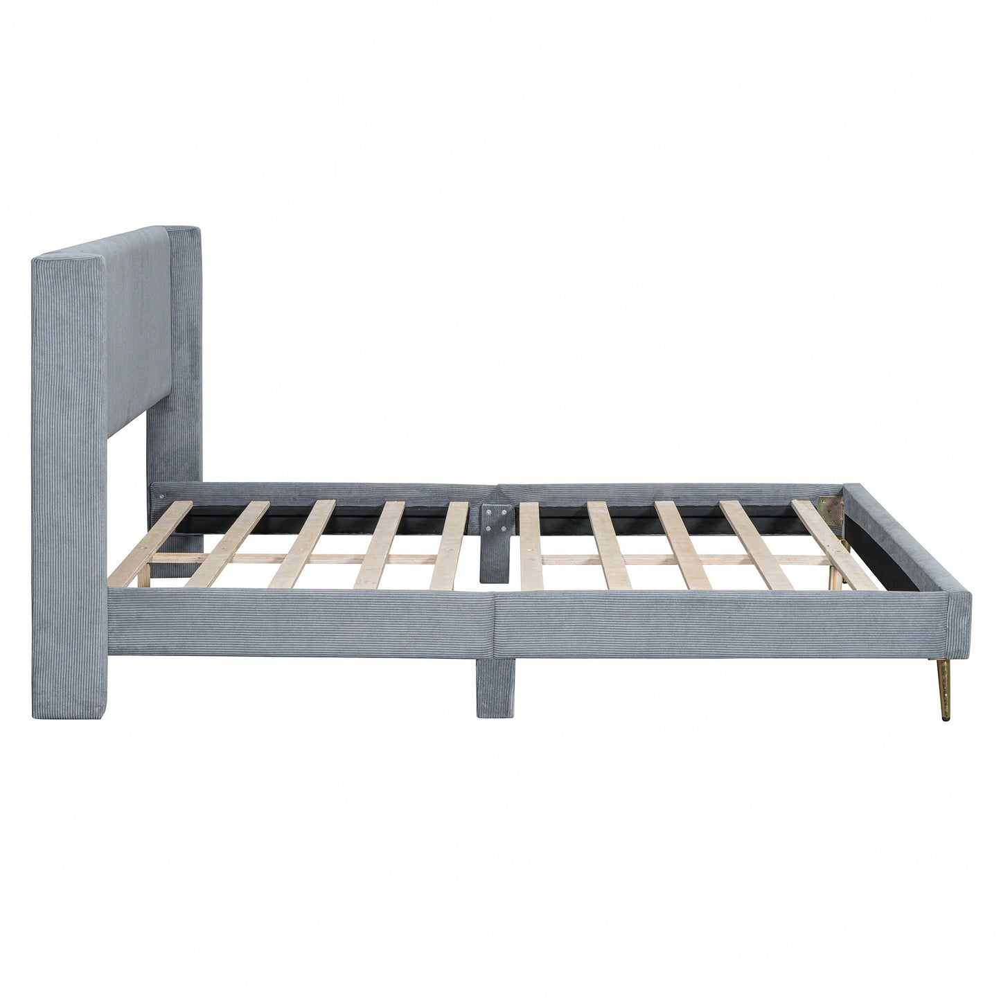 Queen Size Corduroy Platform Bed With Sturdy Metal Legs Beige
