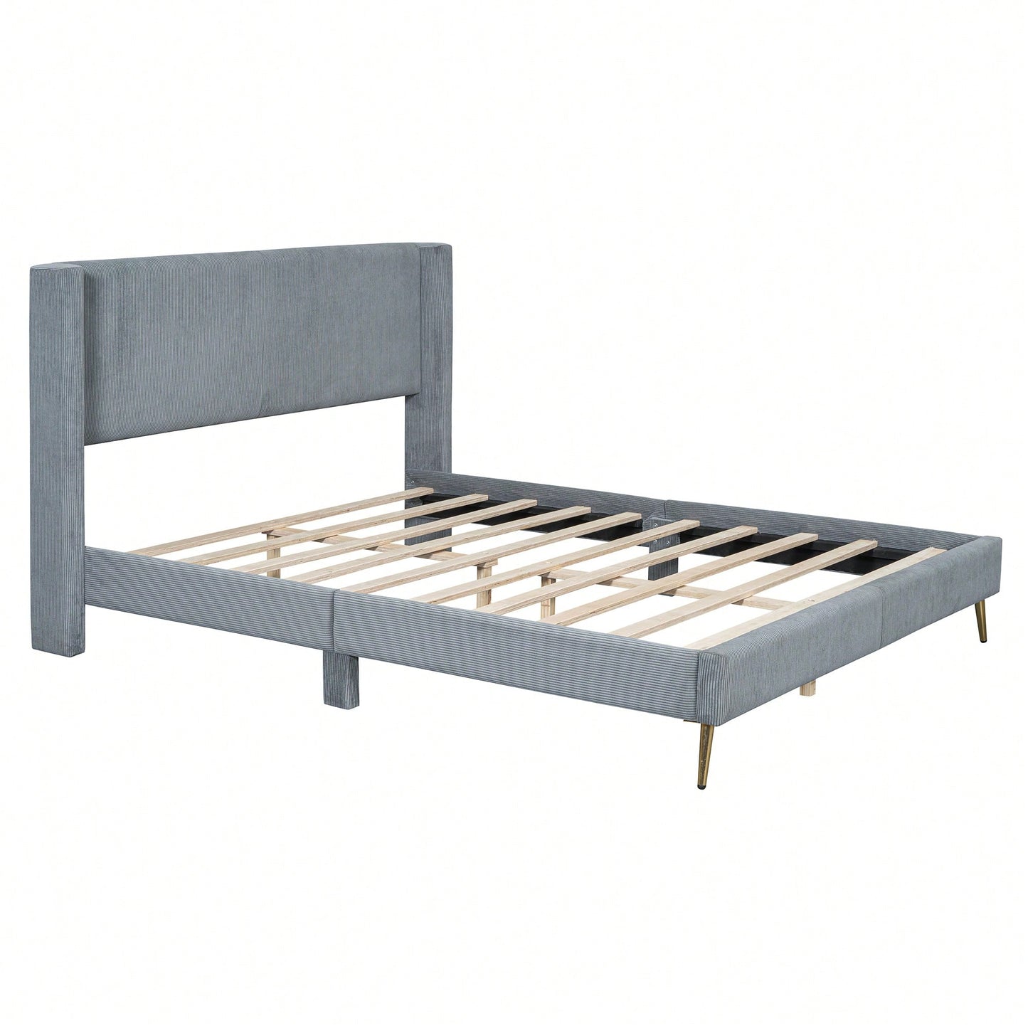 Queen Size Corduroy Platform Bed With Sturdy Metal Legs Beige