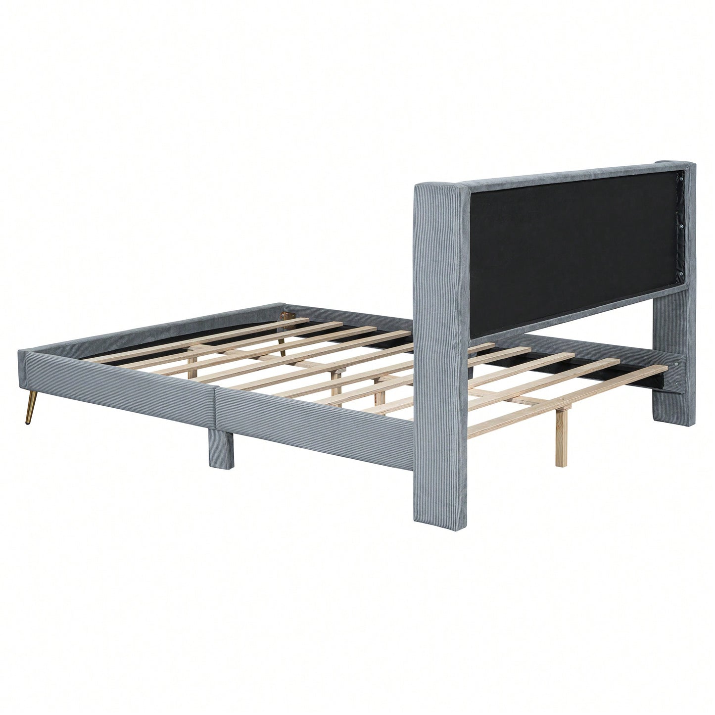 Queen Size Corduroy Platform Bed With Sturdy Metal Legs Beige