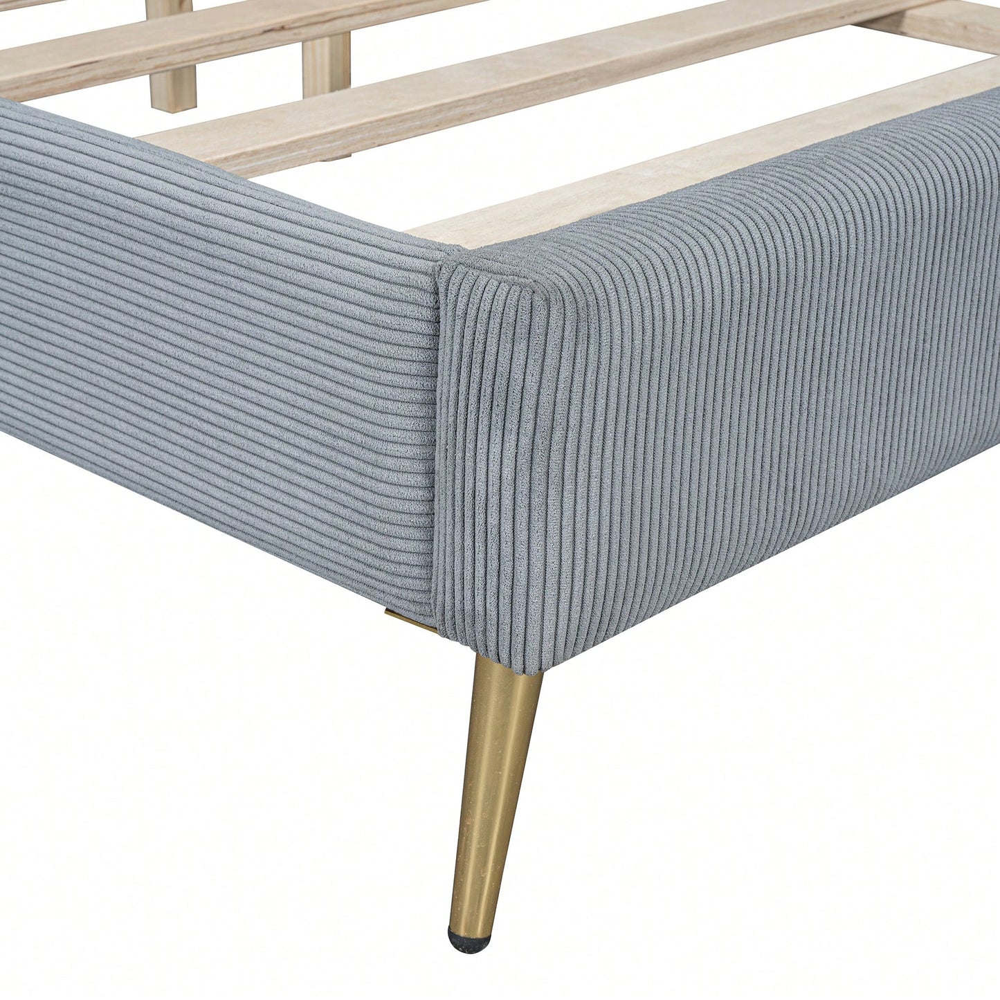 Queen Size Corduroy Platform Bed With Sturdy Metal Legs Beige