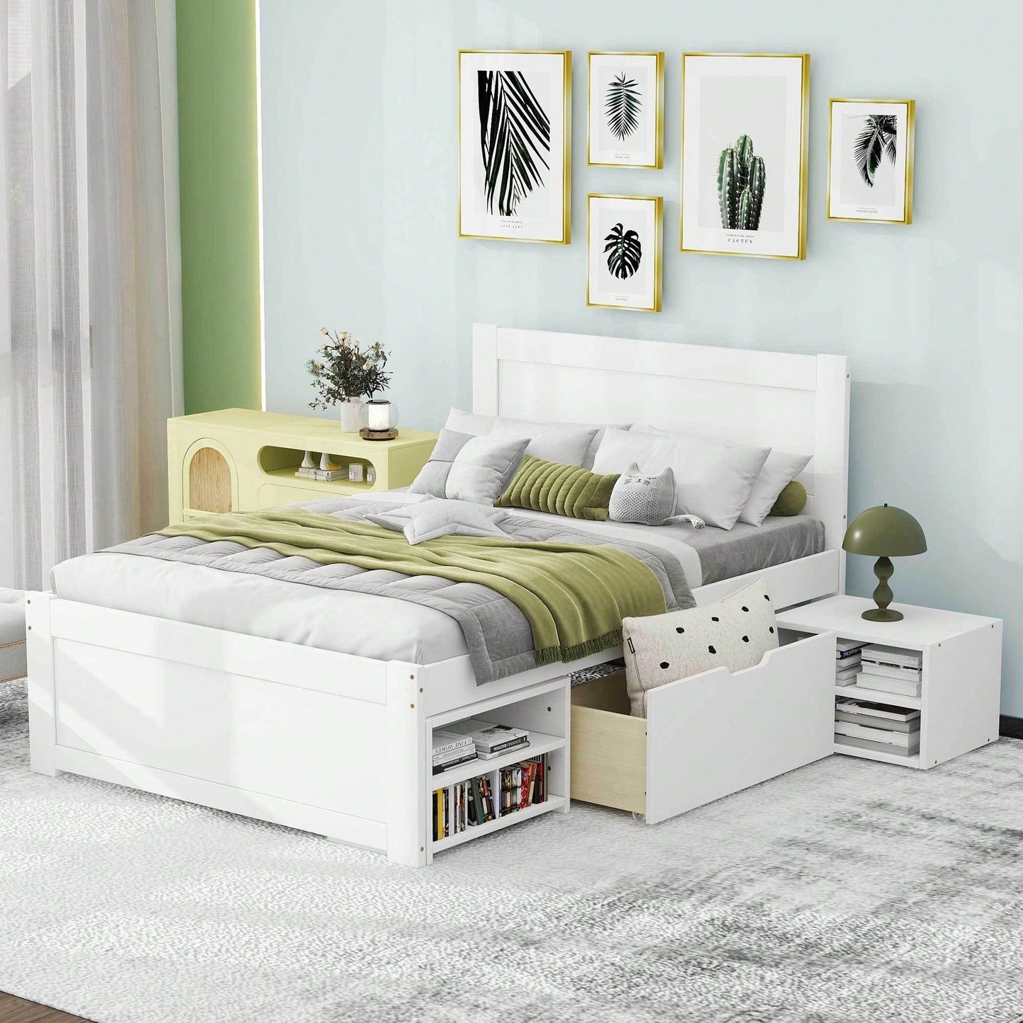 Twin Size Platform Bed With Storage Drawer And Two Shelves Gray