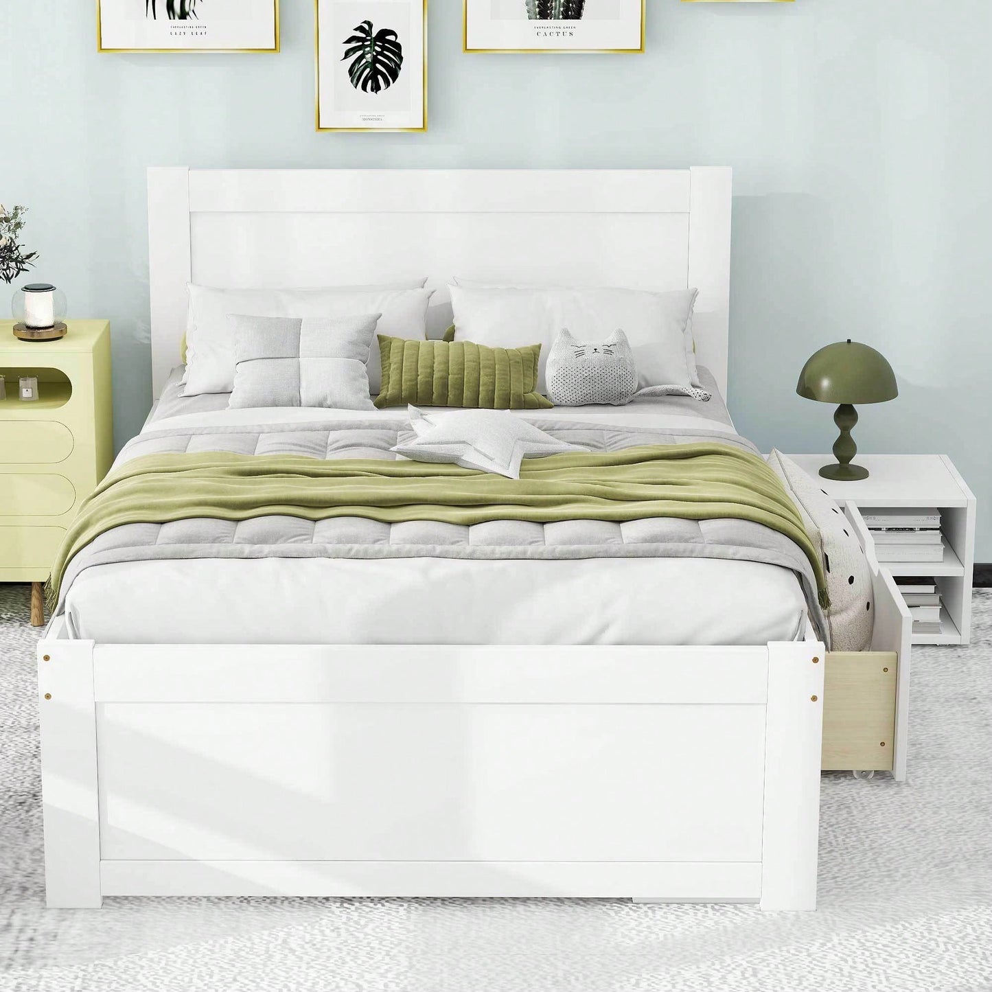 Twin Size Platform Bed With Storage Drawer And Two Shelves Gray