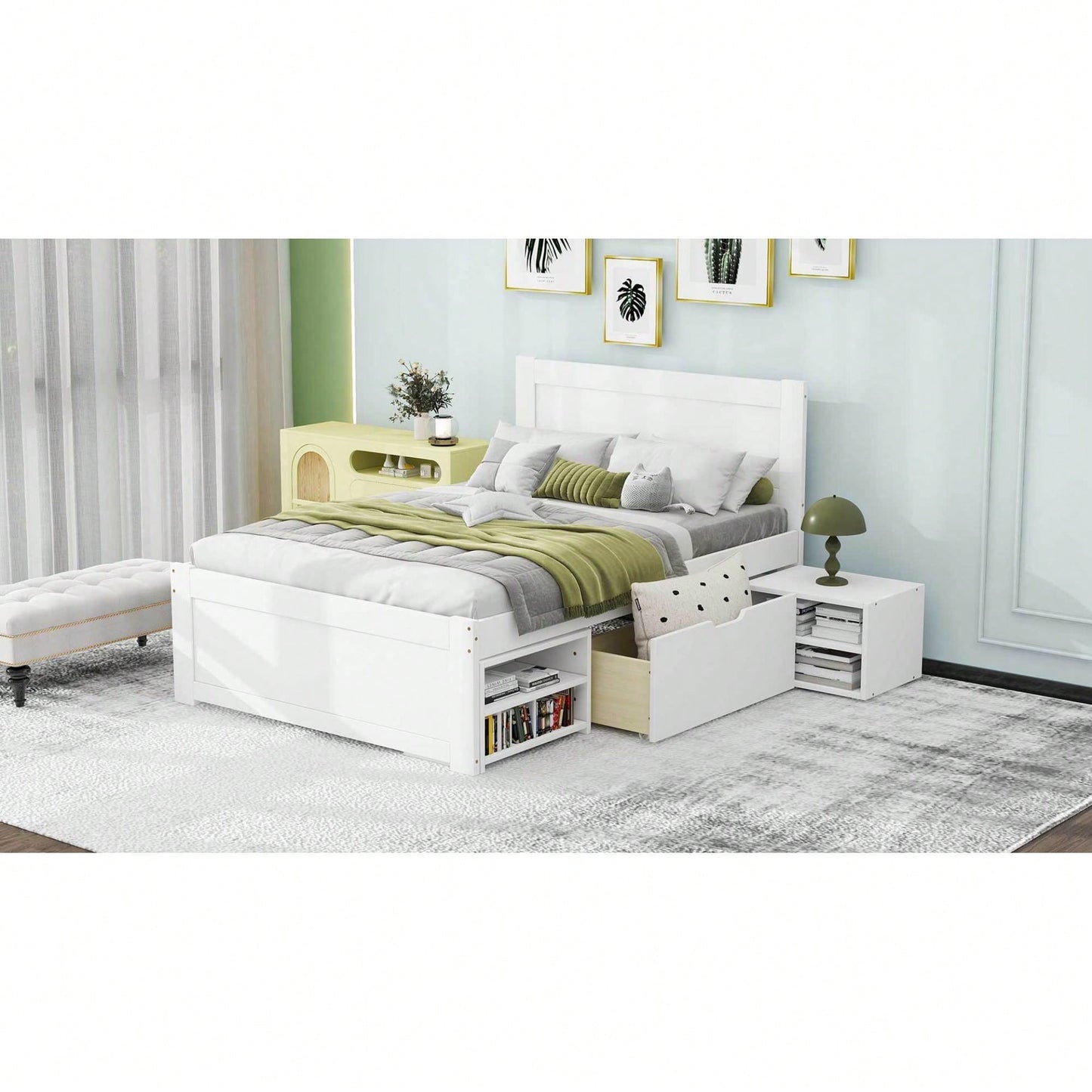 Twin Size Platform Bed With Storage Drawer And Two Shelves Gray