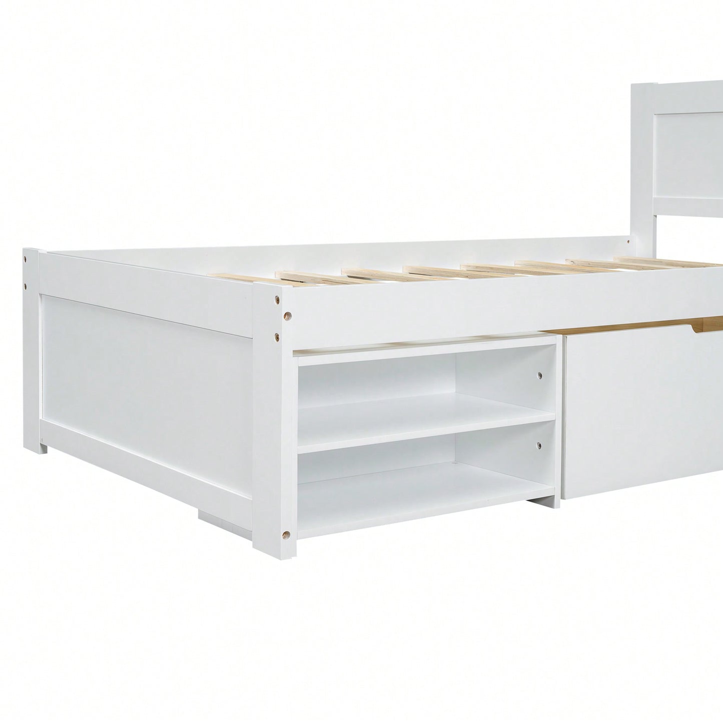 Twin Size Platform Bed With Storage Drawer And Two Shelves Gray