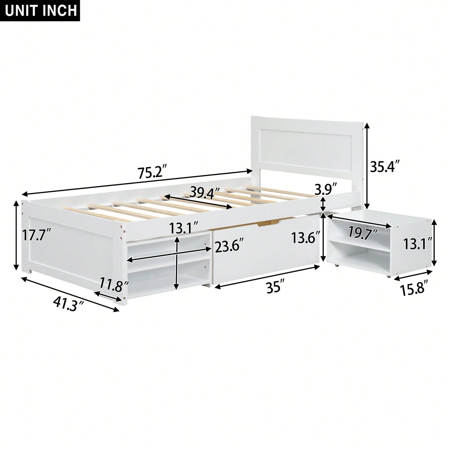 Twin Size Platform Bed With Storage Drawer And Two Shelves Gray
