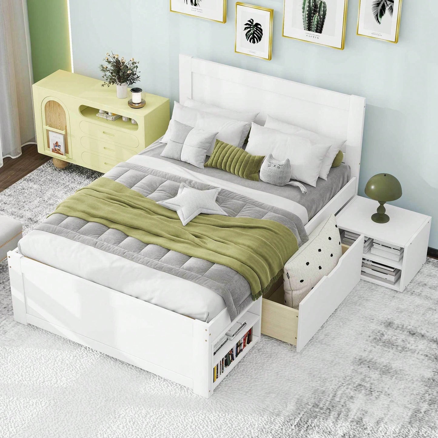 Twin Size Platform Bed With Storage Drawer And Two Shelves Gray