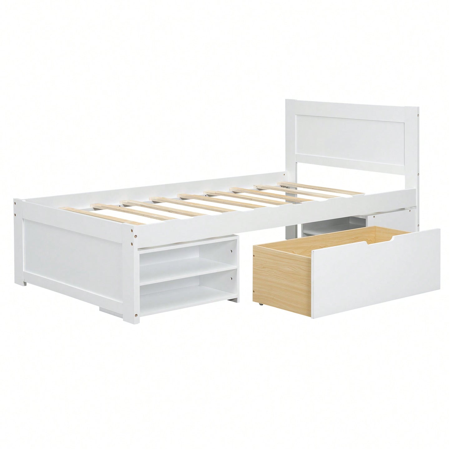 Twin Size Platform Bed With Storage Drawer And Two Shelves Gray