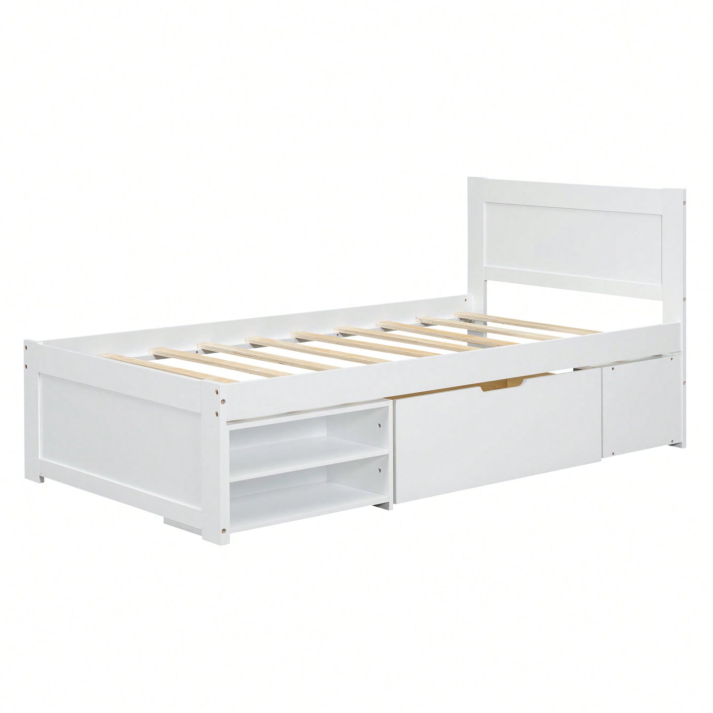 Twin Size Platform Bed With Storage Drawer And Two Shelves Gray