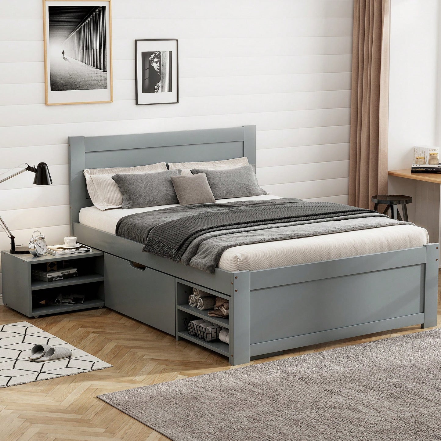 Twin Size Platform Bed With Storage Drawer And Two Shelves Gray