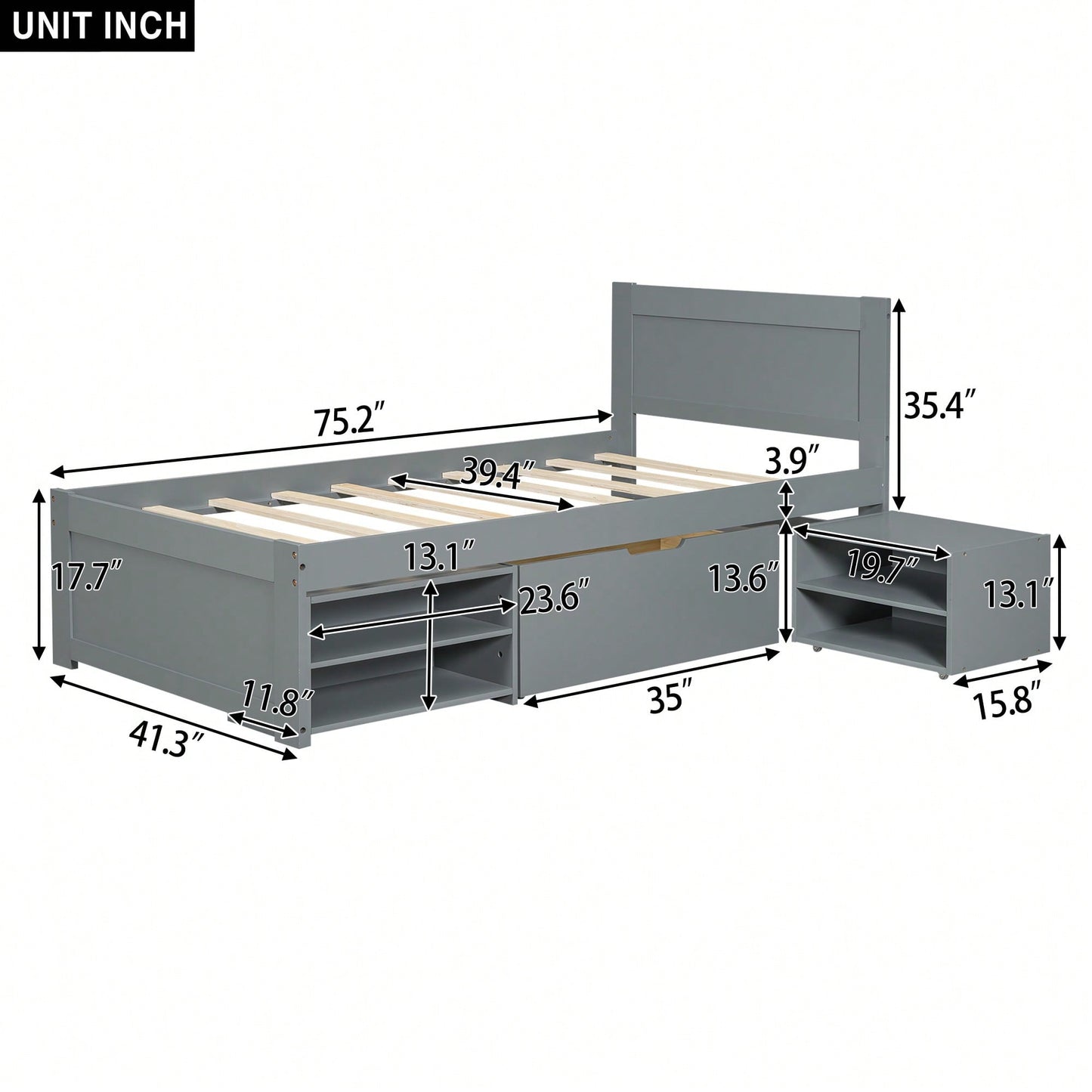 Twin Size Platform Bed With Storage Drawer And Two Shelves Gray