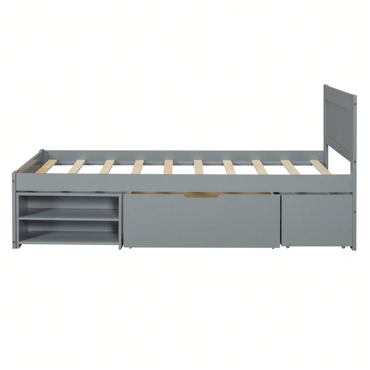 Twin Size Platform Bed With Storage Drawer And Two Shelves Gray