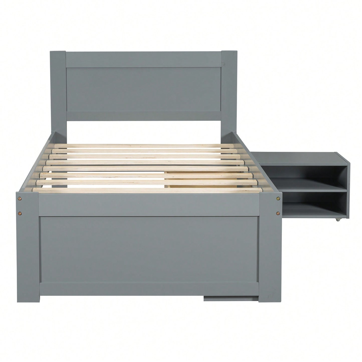 Twin Size Platform Bed With Storage Drawer And Two Shelves Gray