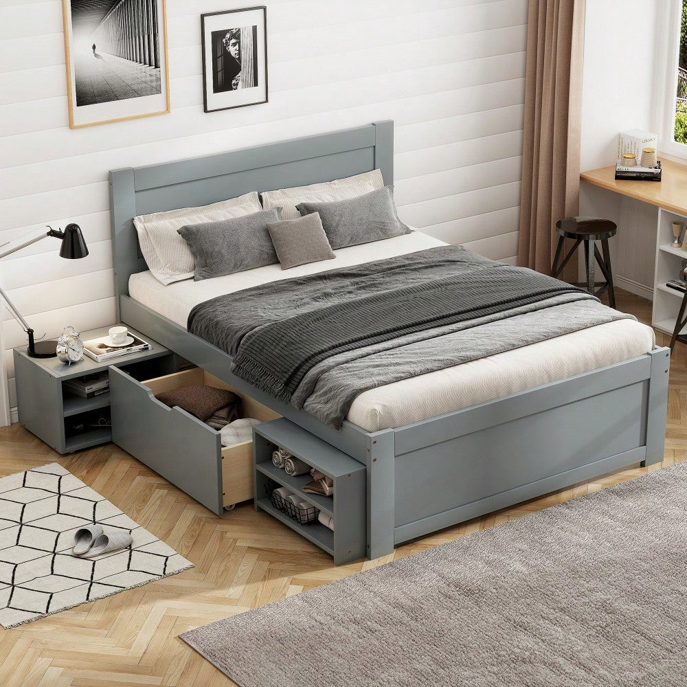 Twin Size Platform Bed With Storage Drawer And Two Shelves Gray