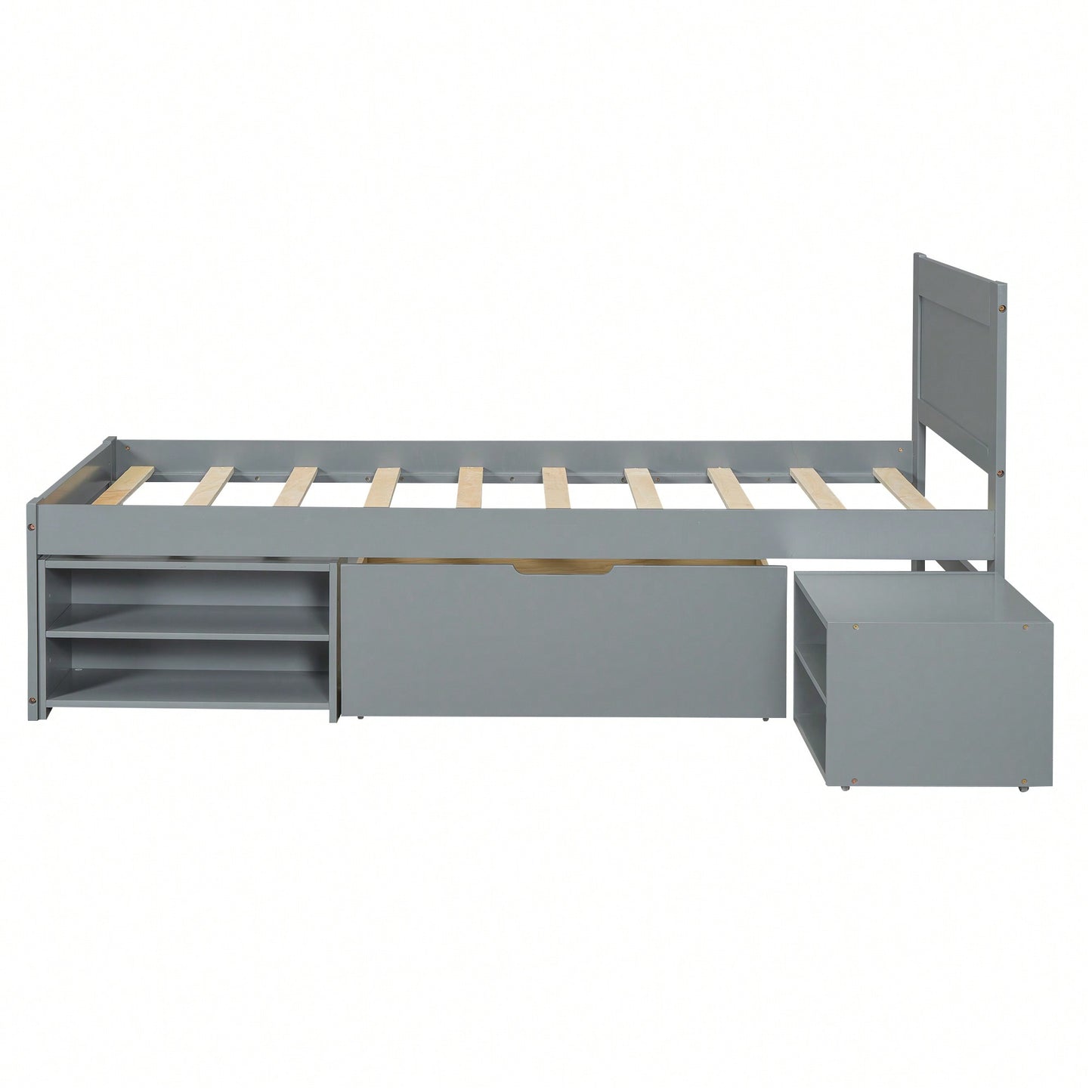 Twin Size Platform Bed With Storage Drawer And Two Shelves Gray